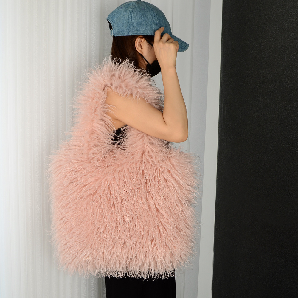Faux Fur Beach Wool Plush Bag Portable Shoulder Large Capacity Totes - Image 2