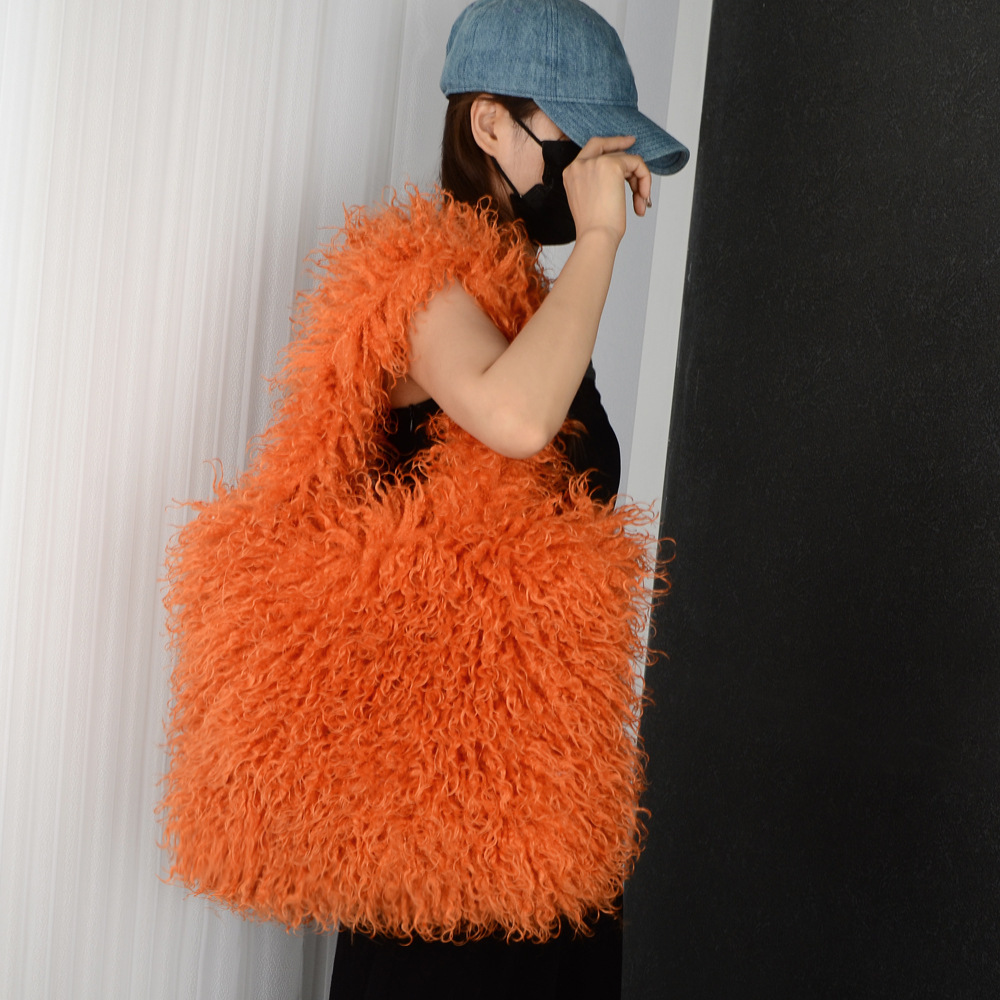 Faux Fur Beach Wool Plush Bag Portable Shoulder Large Capacity Totes - Image 7