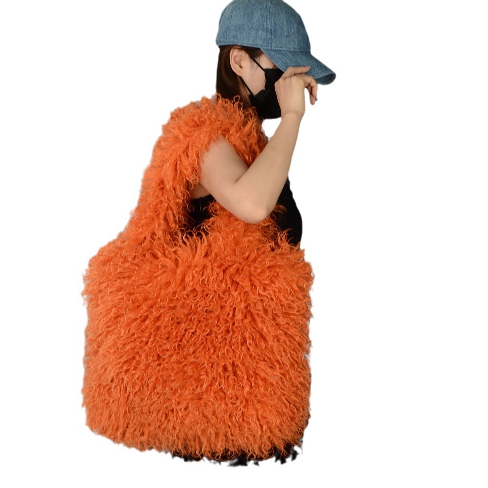 Faux Fur Beach Wool Plush Bag Portable Shoulder Large Capacity Totes - Image 3