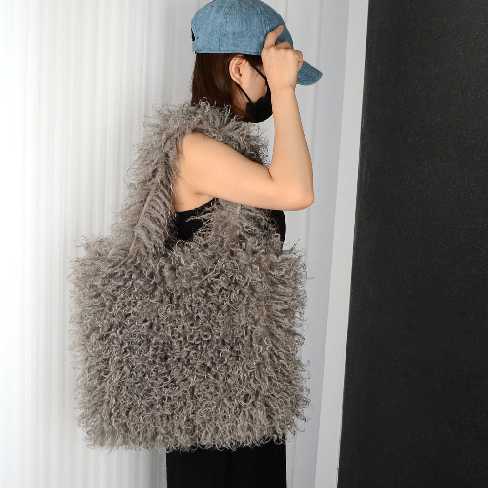 Faux Fur Beach Wool Plush Bag Portable Shoulder Large Capacity Totes - Image 8